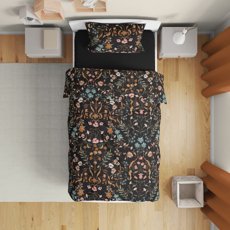 Sweet Jojo Designs Boho Wildflower Vintage Floral Girl 5p Toddler Comforter Set Black Orange Teal Bohemian Farmhouse Cottagecore