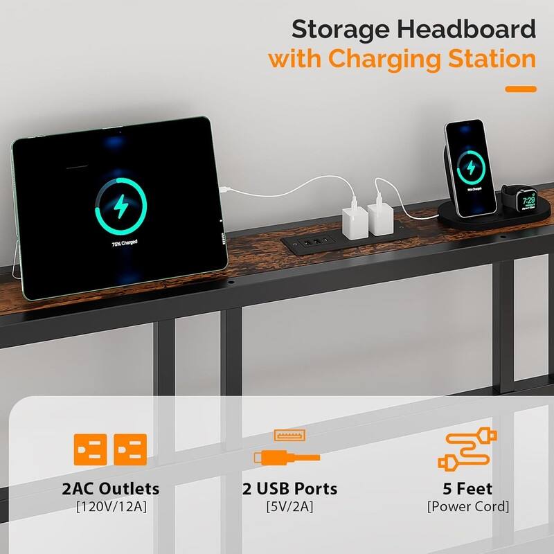 Twin Metal Platform Bed Frame with Storage Headboard,LED Lights,Charging Station,Wooden Storage Shelf,Underbed Storage Space