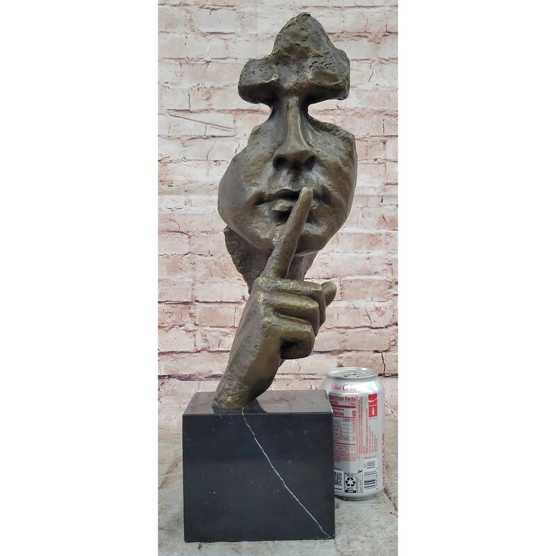 Abstract Dali Bronze Face Sculpture – Silence Shushing Statue On Marble Base