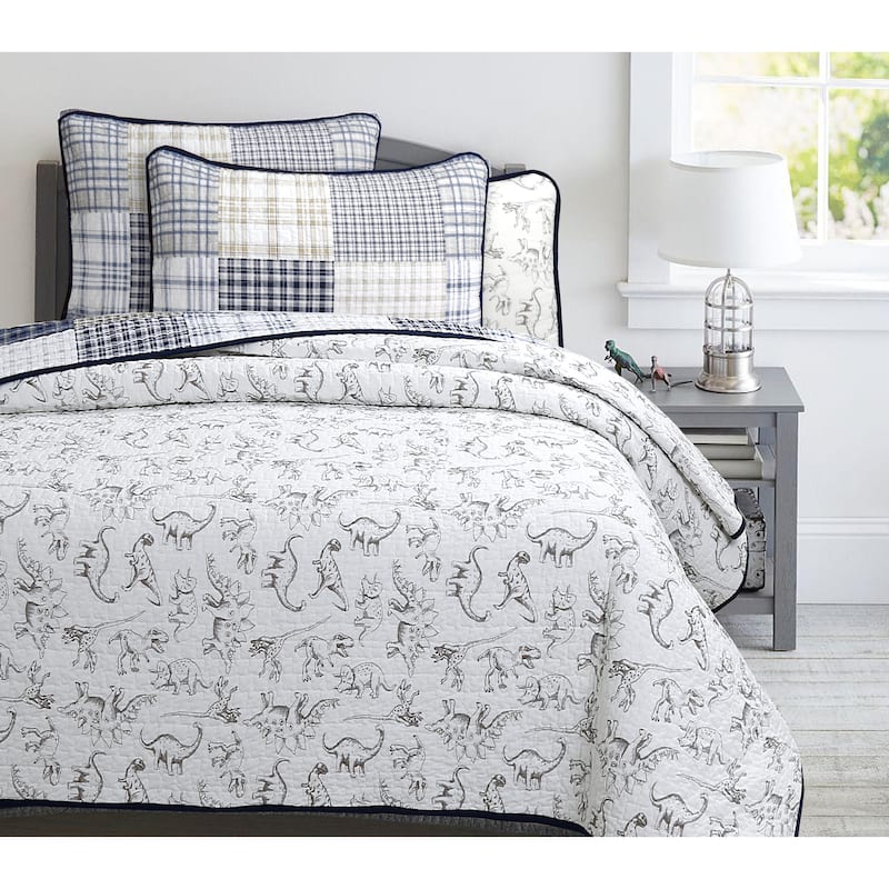 Cozy Line Benjamin Plaid Dinosaur Boy Cotton Quilt Bedding Set