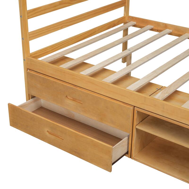 Full Size Wood Platform Bed with Removable Storage Shelves and Built-in Two Storage Drawers