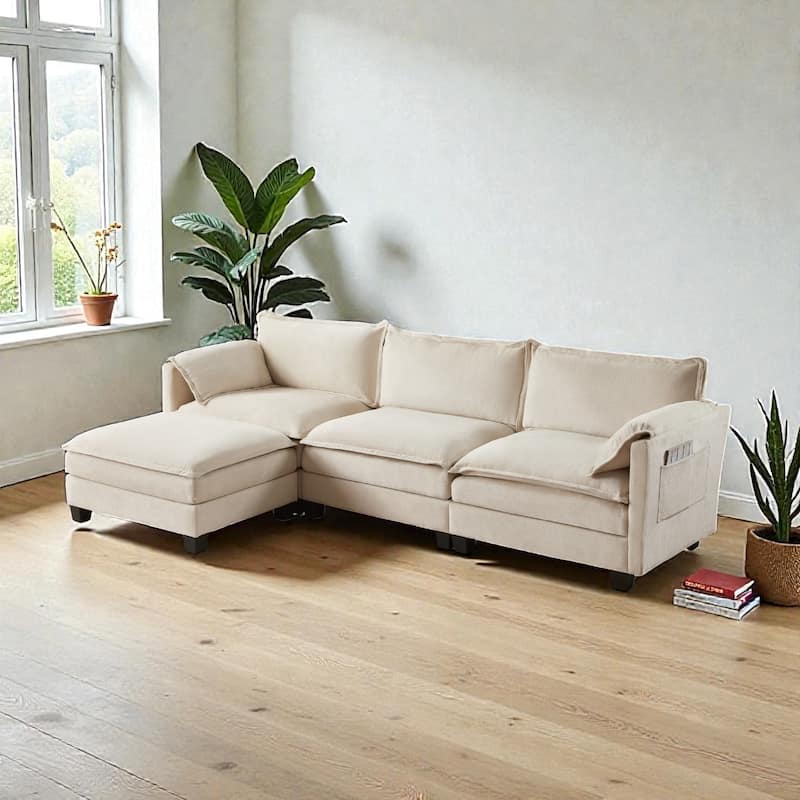 L-Shaped Corduroy Corner Sofa with Storage Armrest Cushions, Modular Cloud Sofa, 3-Seat Sectional