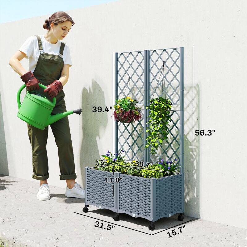 Outsunny Planter Box with Trellis, Self Watering Raised Garden Bed with Lockable Wheels, 56.3" Trellis Privacy Planter
