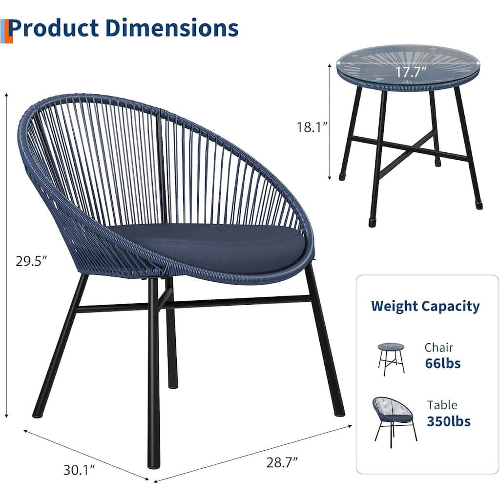 3 Pieces Outdoor Acapulco Chair Patio Bistro Set, All-Weather Acapulco Chairs with Glass Top Table