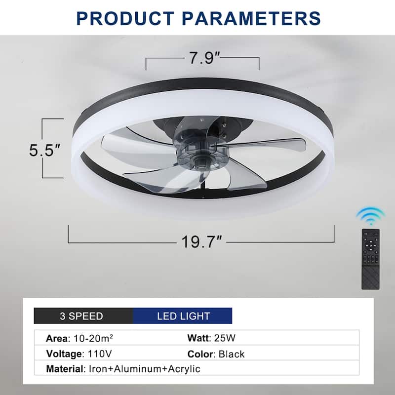 20" Dimmable LED Ceiling Fan 6 Speeds with Light and Remote Control