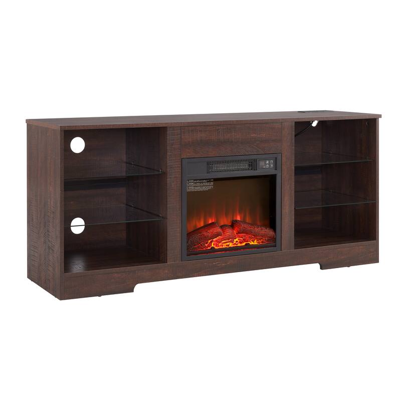 Fireplace TV Stand with LED Lights, TV Console with USB Charging Outlet, Entertainment Center with Adjustable Glass Shelves