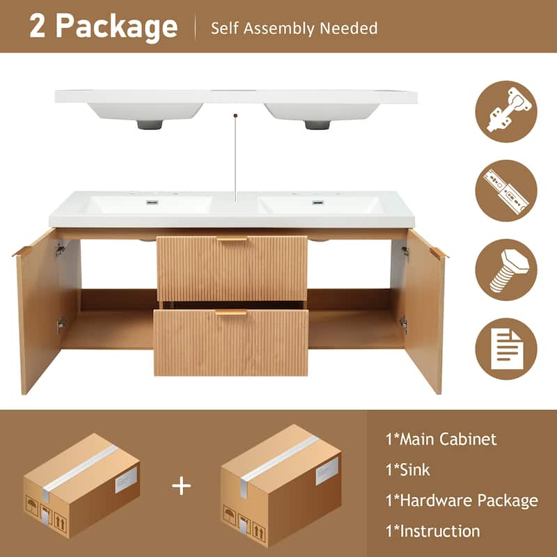 GDFStudio - Mercer Transitional Wall Mounted Bathroom Vanity Cabinet with Double SMC Sink, Soft Close Doors & Drawers