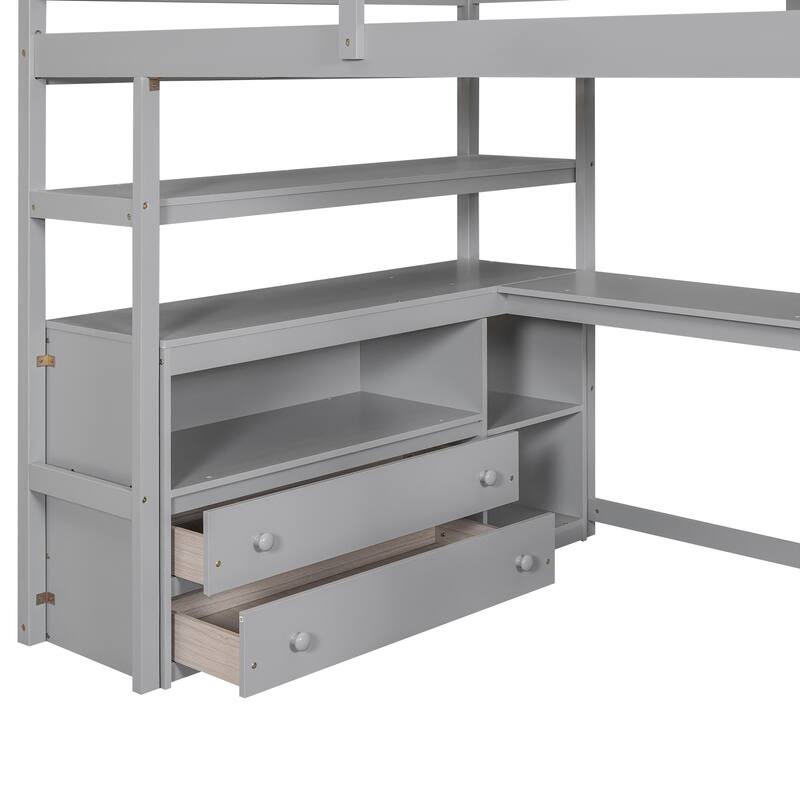 Multifunctional Full Loft Bed with Desk, Shelving, and Storage Drawers for Space-Saving