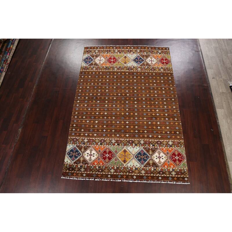 Brown Geometric Kazak Persian Living Room Area Rug Wool Hand-knotted - 6'9" x 9'9"