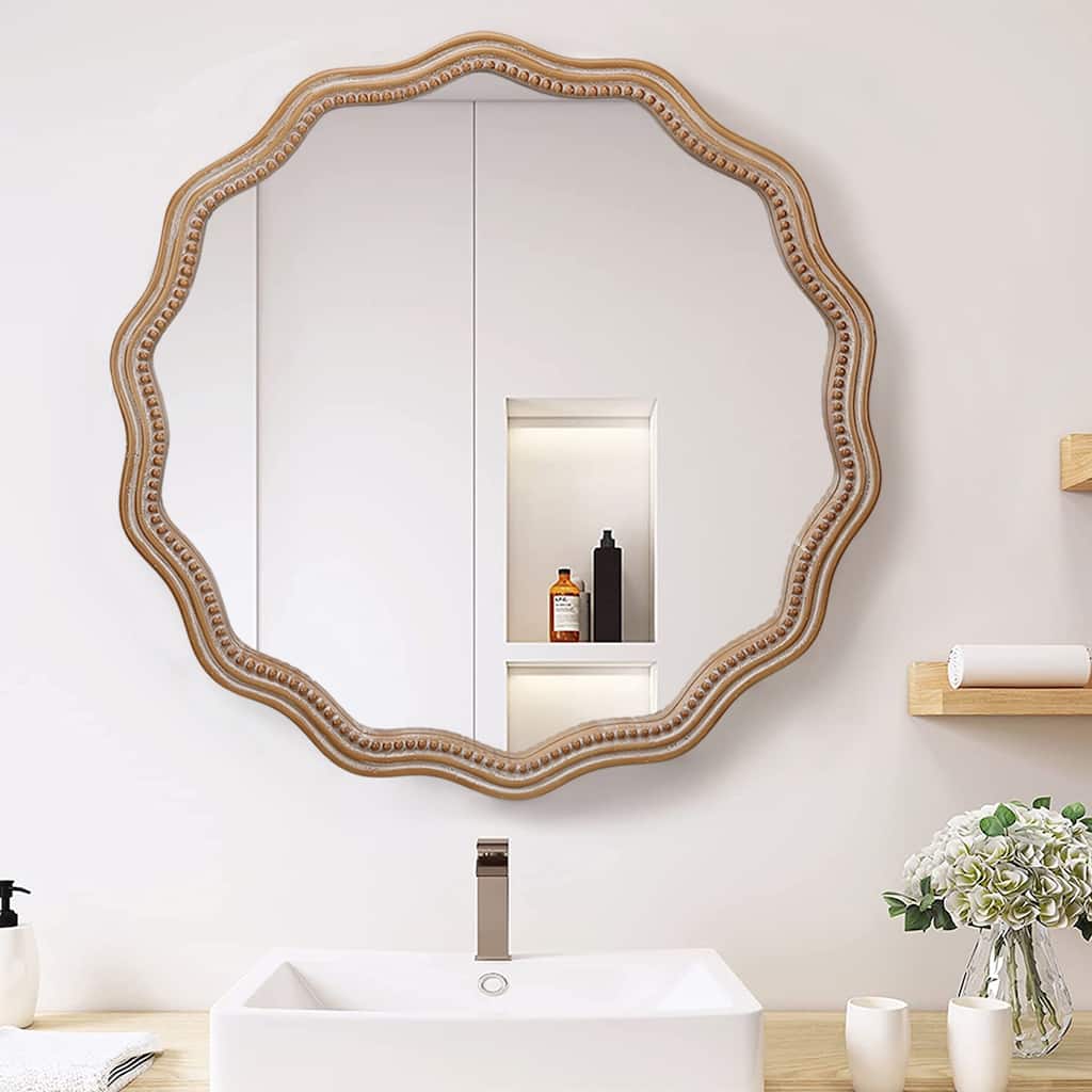 23.62" Wood Round Wavy Wall Scalloped Mirror Modern Farmhouse Decor