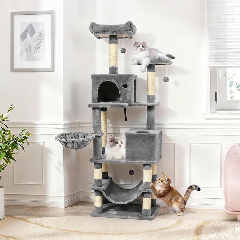 Gymax 66'' Tall Cat Tree w/2 Condos Sisal Scratching Posts Plush Perch