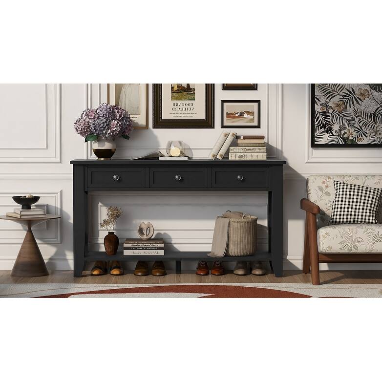 55.4" Modern Entryway Console Table with Three Storage Drawers,Sideboard with Poplar Legs and Metal Handles