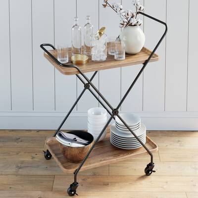 Nathan James Hallie Retro 2-Tray Brown Mid-Century with Brass Metal Finish Rolling Bar Cart or Serving Cart