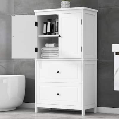 White Bathroom Cabinet with Freestanding Cupboard and Large Drawers Storage Cabinet, 2 Doors Utility Cabinet, Adjustable Shelf