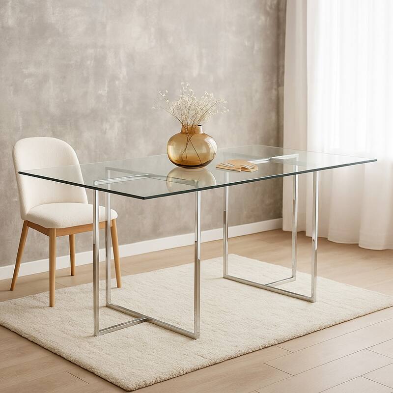Nisa 71 Inch Dining Table, Tempered Glass Rectangular Top, Chrome Metal