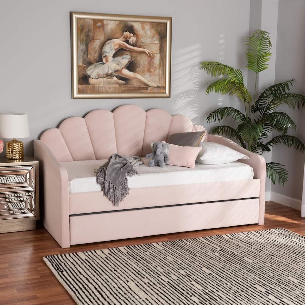 Velvet Daybed with Trundle - Twin Size Upholstered Daybed - Light Pink Fabric Daybed for Bedroom