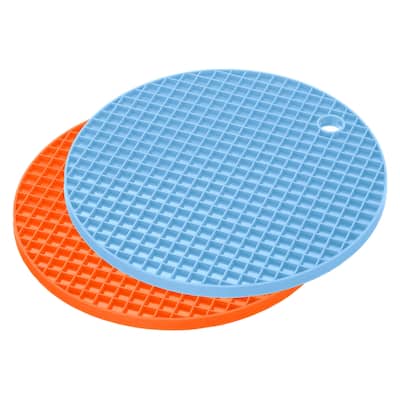 Silicone Trivet Mats 2pcs, Round Hot Pan Pads Drying Mat - Orange, Light Blue - Orange, Light Blue