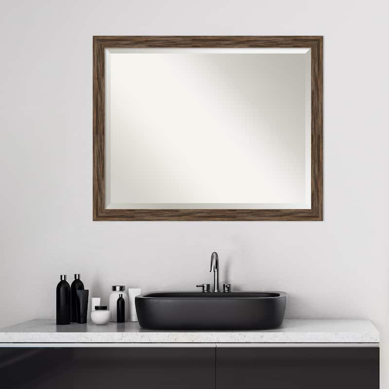 Beveled Wood Bathroom Wall Mirror - Regis Barnwood Mocha Narrow Frame - Regis Barnwood Mocha Narrow