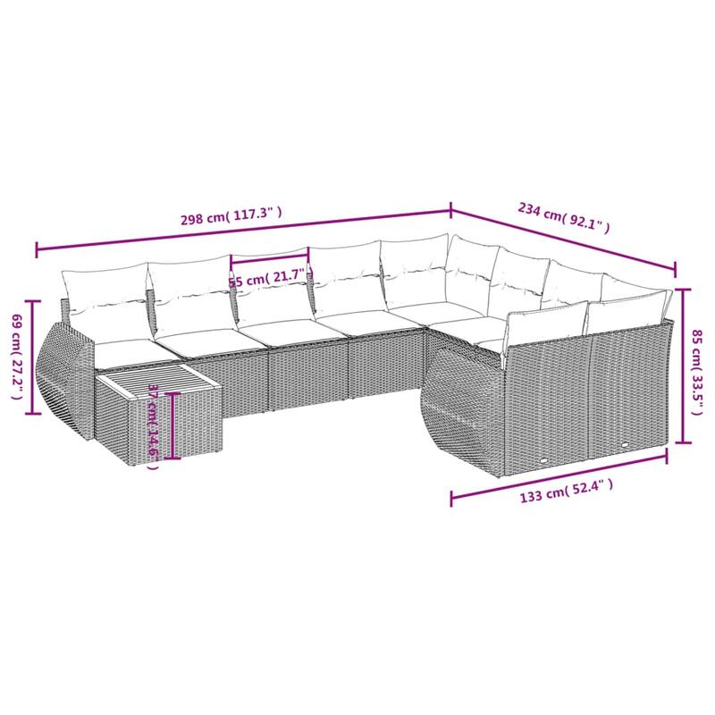 vidaXL Patio Sofa Set with Cushions Outdoor Furniture 10 Piece Poly Rattan - 24.4x 24.4x 27.2