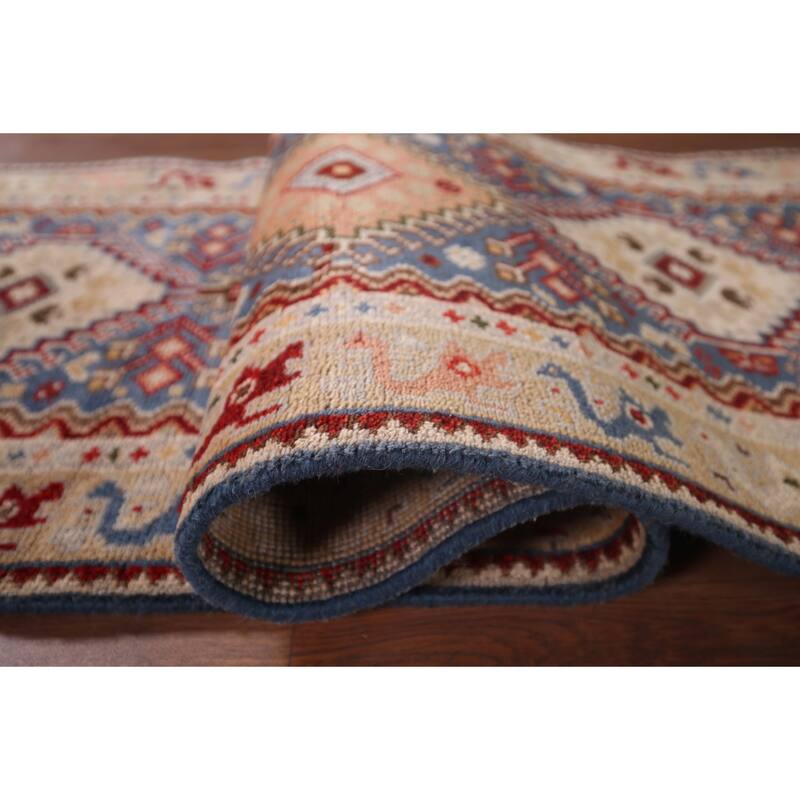 Blue Geometric Khotan Oriental Runner Rug Hand-Knotted Wool Carpet - 2'7"x 11'9"