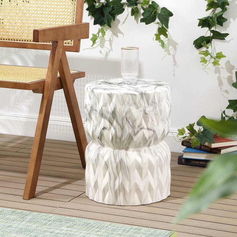 Chevron Drum 17.5" White Marble Finish Ceramic Garden Stool