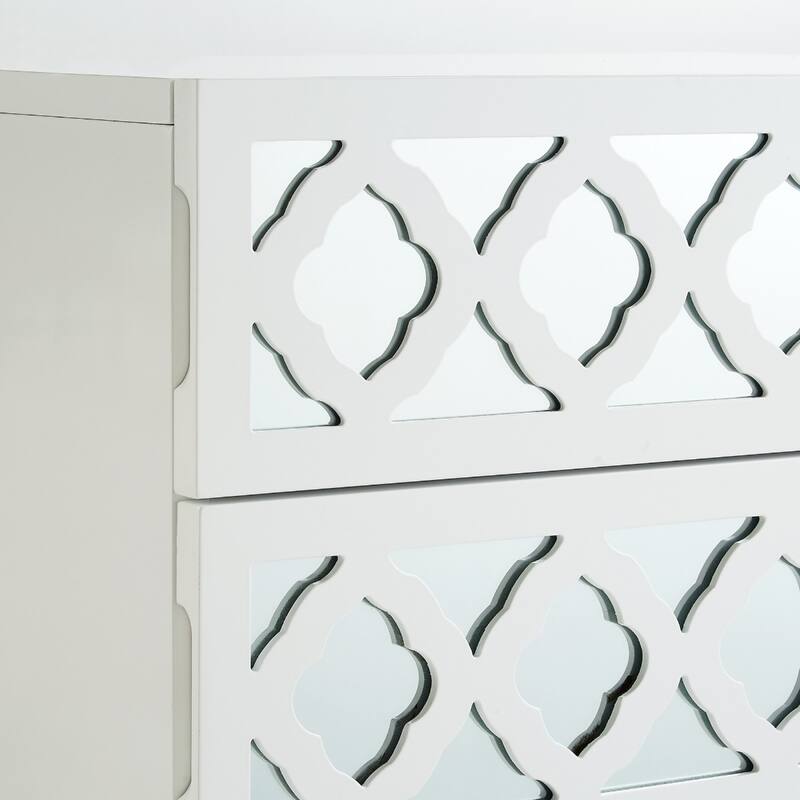 White Wood End Table with 3 Drawers and Clear Mirrored Legs - 18” x 18” x 24” (D x W x H)