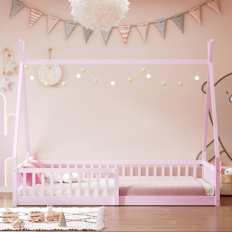 Pink Twin Size House-Shaped Wood Bed with Fence for Kids