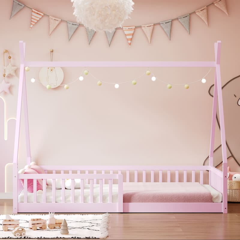 Twin Size Floor Bed, Platform Bed Frame with Fence and Roof, Solid Wood Playhouse Bedframe w/Open Door, No Box Spring Needed