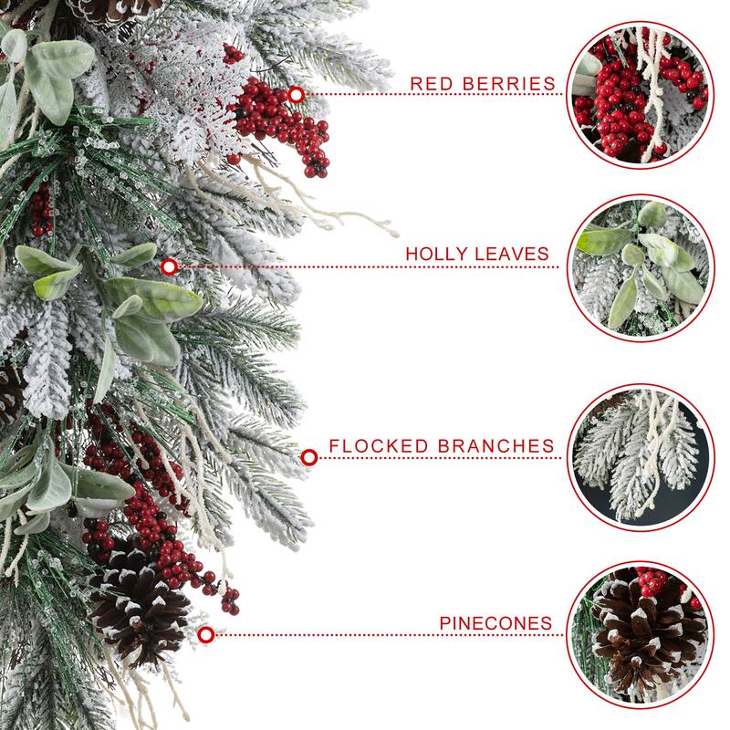 Glitzhome Artificial Christmas 5-Piece Set, 4ft Snow Flocked Artificial Potted Trees, Pinecone Berry Wreath and Teardrops