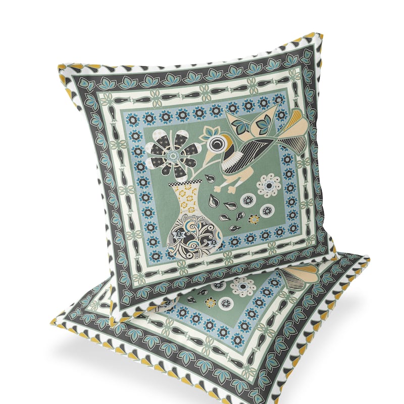 HomeRoots Set of Two 16" X 16" Green and Black Peacock Blown Seam Floral Indoor Outdoor Throw Pillow - 16.00' X '16.00' X '5.00