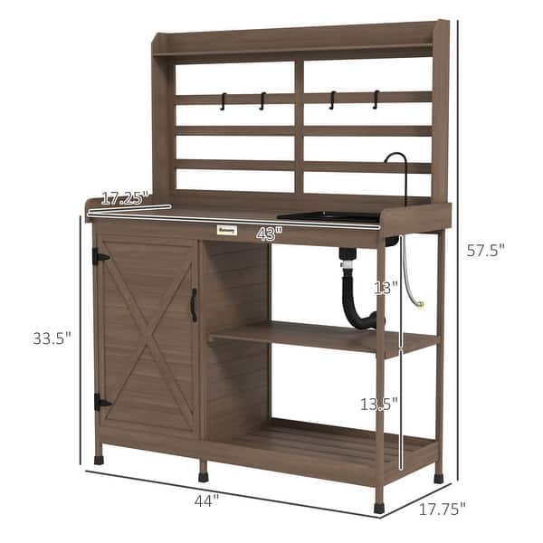 dimension image slide 2 of 3, Outsunny Wooden Potting Bench, Outdoor Potting Table with Storage Cabinet, Storage Shelves, Sink