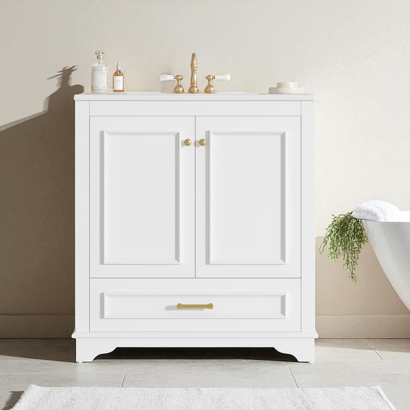 30" Bathroom Vanity with Ceramic Sink, Solid Wood Frame, 2 Soft-Close Doors, Storage Cabinet with Shelf - White