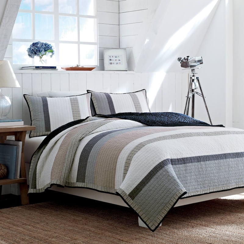 Nautica Tideway Neutral Stripe Cotton Reversible Quilt