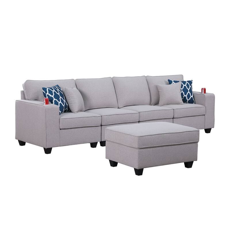 Linen Upholstered 4-Seater Sofa with Ottoman in Light Gray