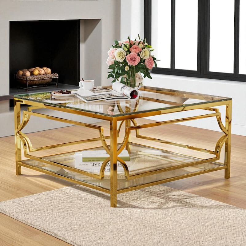 Square Glass Coffee Table 33.5" with Gold Geometric Metal Frame and Lower Shelf, Modern Accent Furniture