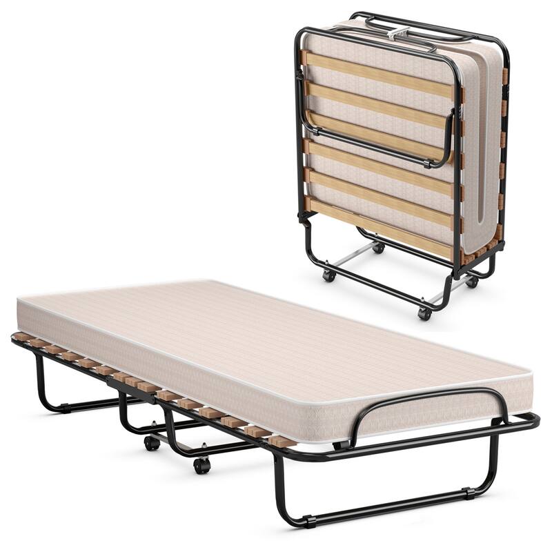 Gymax Folding Bed Rollaway Metal Guest Bed Sleeper Made in Italy w/ - Beige