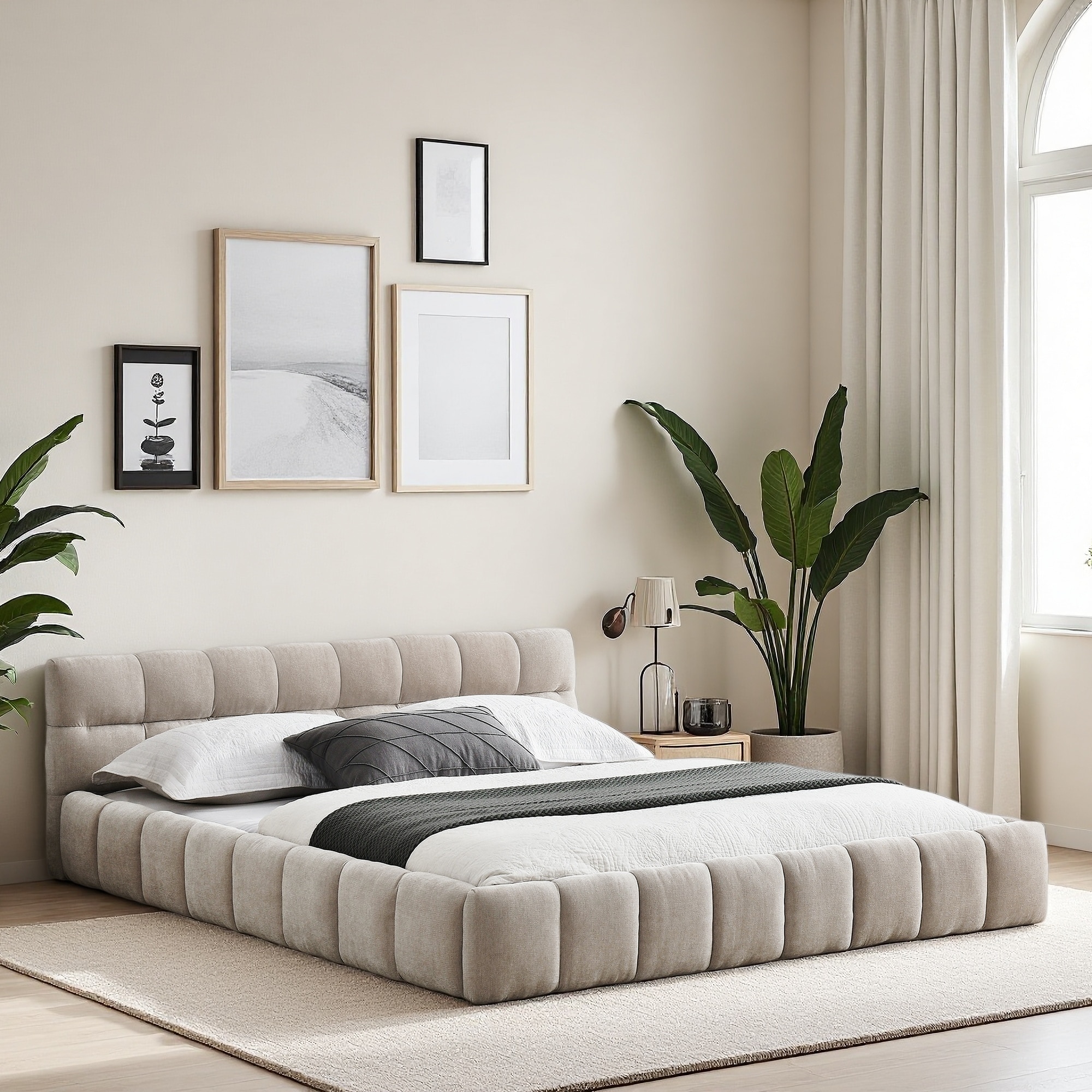 Queen Size Upholstered Platform Bed with Headboard and No Box Spring Needed