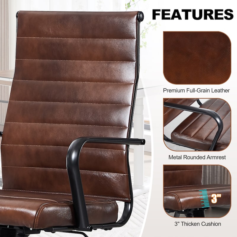 Ergonomic Office Chair Full-Grain Leather with Lumbar Support