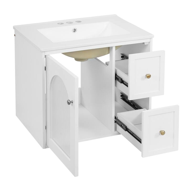 24" Bathroom Vanity Set Wall Mounted for Small Space, Bathroom Cabinet with Ceramic Sink, 2 Drawers and 1 Soft-Close Door