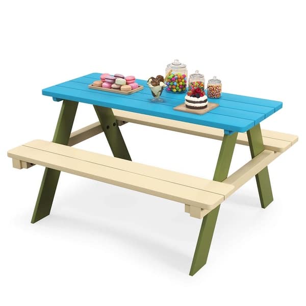 slide 2 of 5, Wooden Children's Activity Table w/ Benches Kids Picnic Table Blue + Natural
