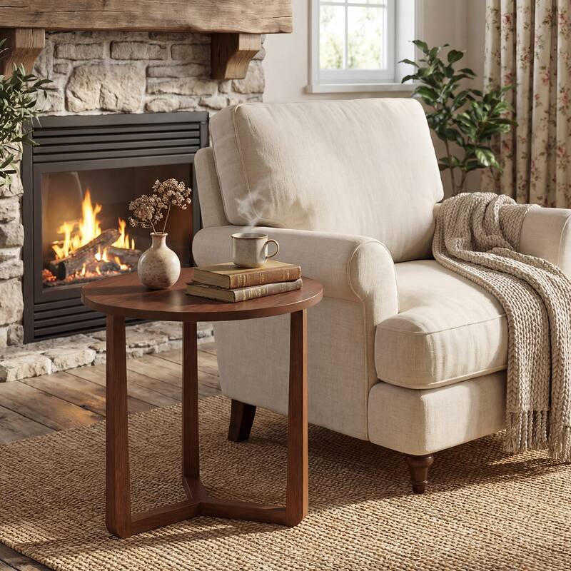 Gymax 2PCS Round Side Table w/Sturdy Rubber Wood Legs Triangular