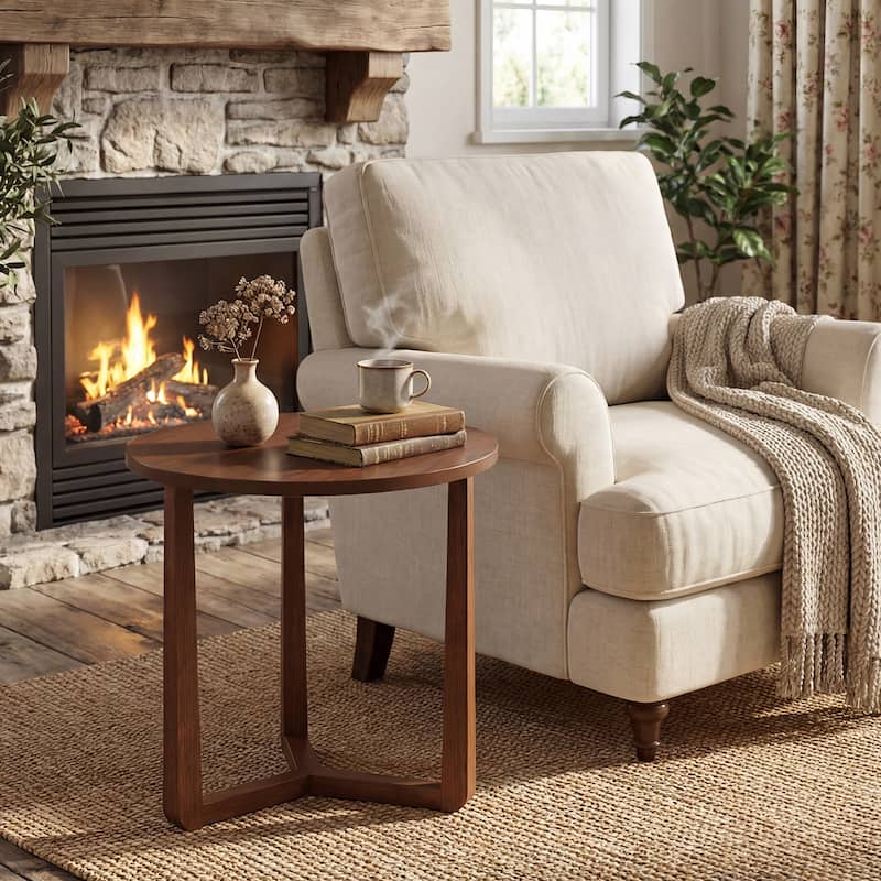 Gymax Round Side Table w/Sturdy Rubber Wood Legs & Triangular