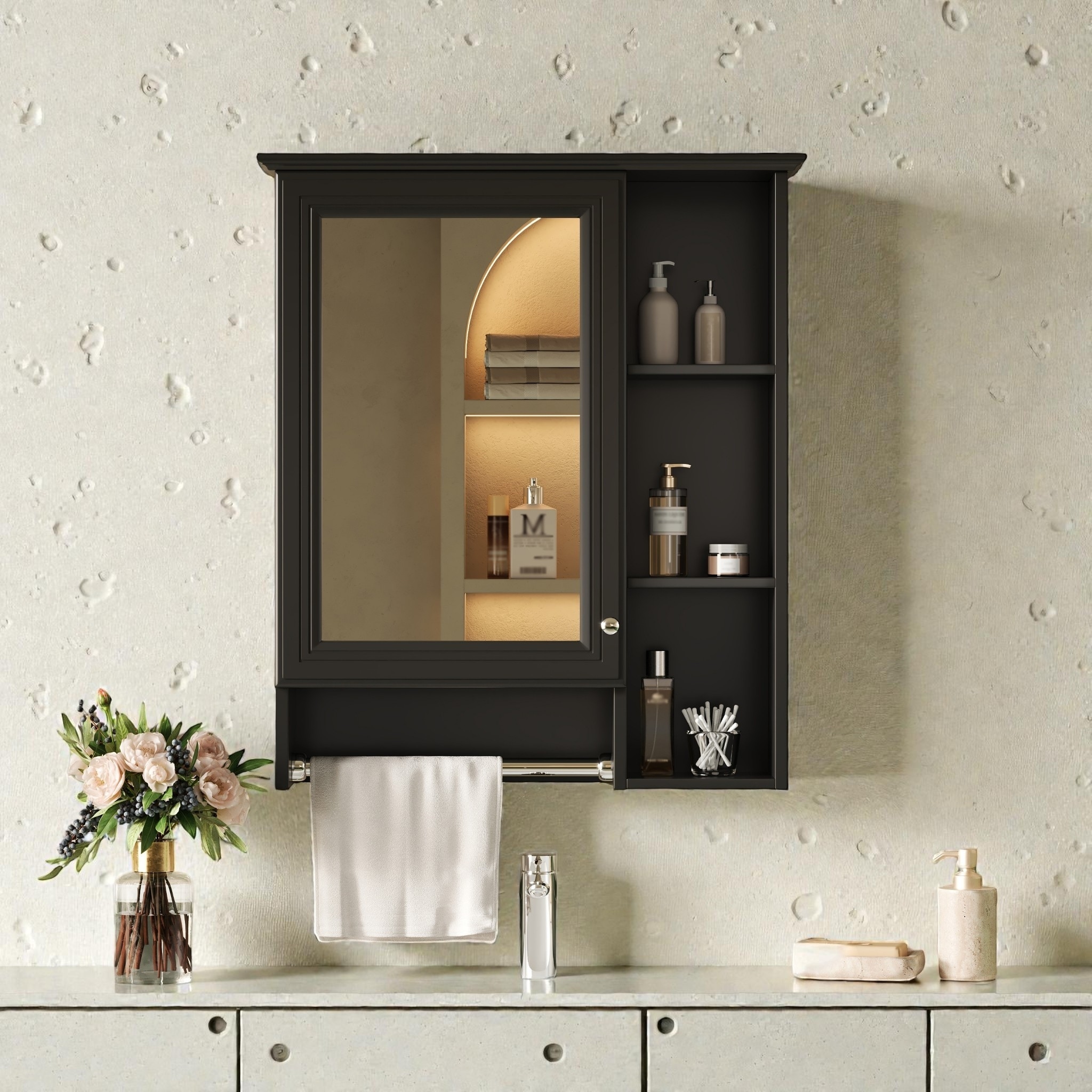 24 Inch Wall Mounted Medicine Cabinet with Mirror, Adjustable Shelf and Towel Bar, Bathroom Storage