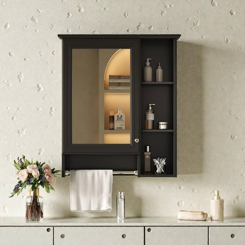 24 Inch Wall Mounted Medicine Cabinet with Mirror, Adjustable Shelf and Towel Bar, Bathroom Storage - Black