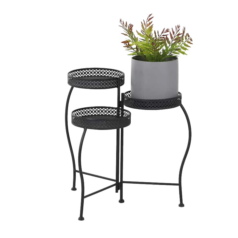 Black Metal Curved Folding 3 Tier Indoor Outdoor Plantstand with Floral and Scroll Patterns