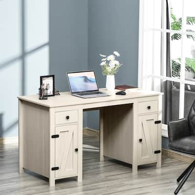 Modern Cream White Workstation Desk with Storage Drawers and Cabinets Adjustable Shelves