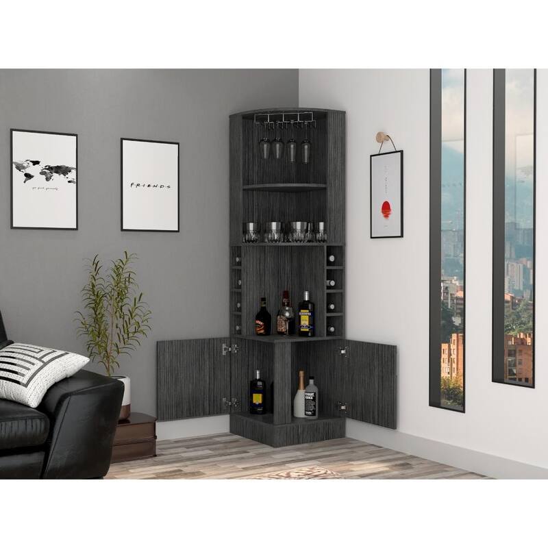 TUHOME Syrah Corner Bar Cabinet with 2-Doors and 8 Cubbies - N/A