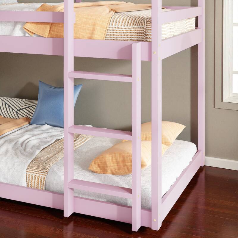 Twin Over Twin Floor Bunk Bed with House Roof Design, Rubber Wood Frame, Ladder and Guardrails for Kids Bedroom
