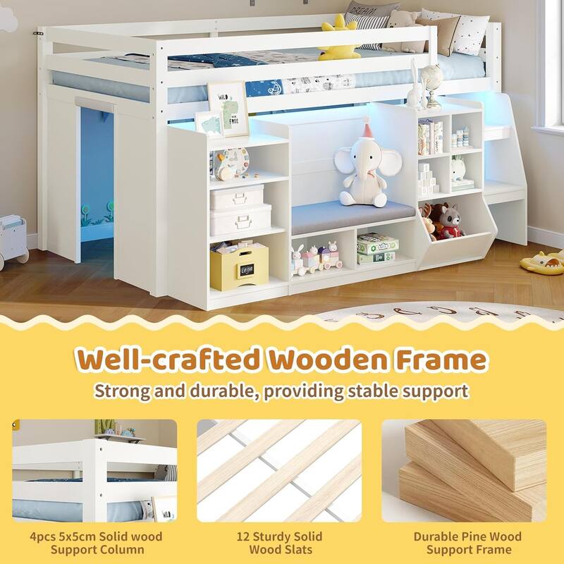 Twin Loft Bed with LED Lights and Storage Bookcase Reading Nook Secret Play Space