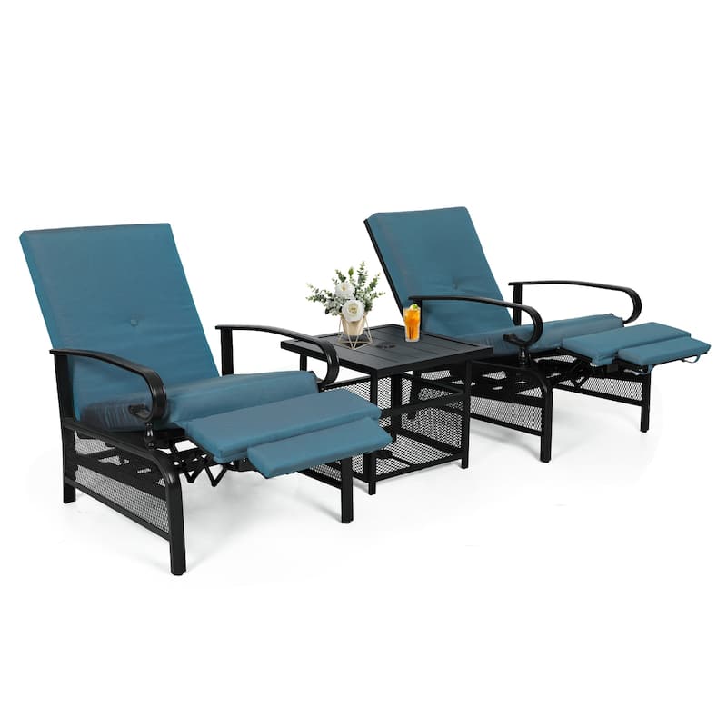 Outdoor Metal Patio Adjustable Recliner Lounge Chair & Bistro Table Set, Retractable Steel Frame and Removable Thick Cushion